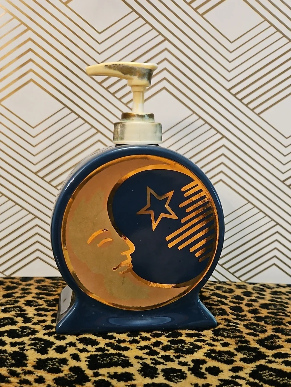 Vintage 90's Celestial Sun and Moon Ceramic Bathroom Set in Navy and Gold
